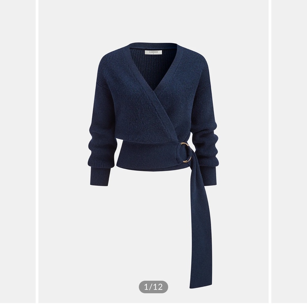 COMMENSE metal ring front wrap sweater - navy - size small